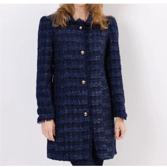 Sail to Sable Jackets & Blazers - Sail to Sable Womens Navy Tweed Sparkle Gold Button Front Preppy Coat Size XL